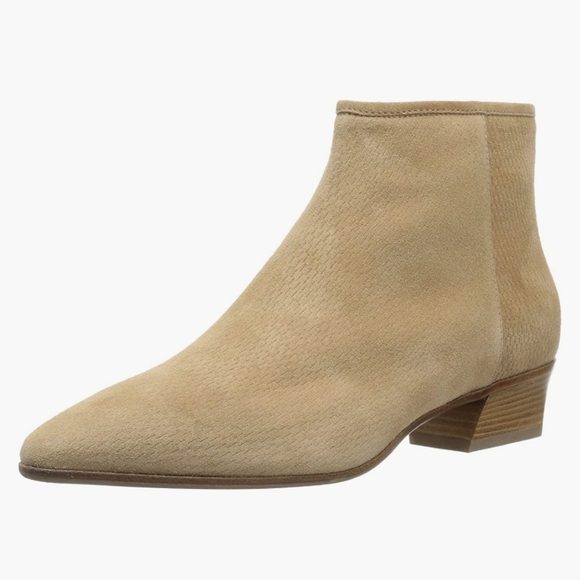 Aquatalia Fire Embossed Weatherproof Suede Low Heel Booties Sand -7 - Picture 2 of 10
